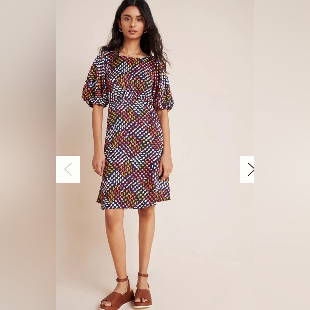 Anthropologie Multicolor Geometric Puff-Sleeve Shift Dress